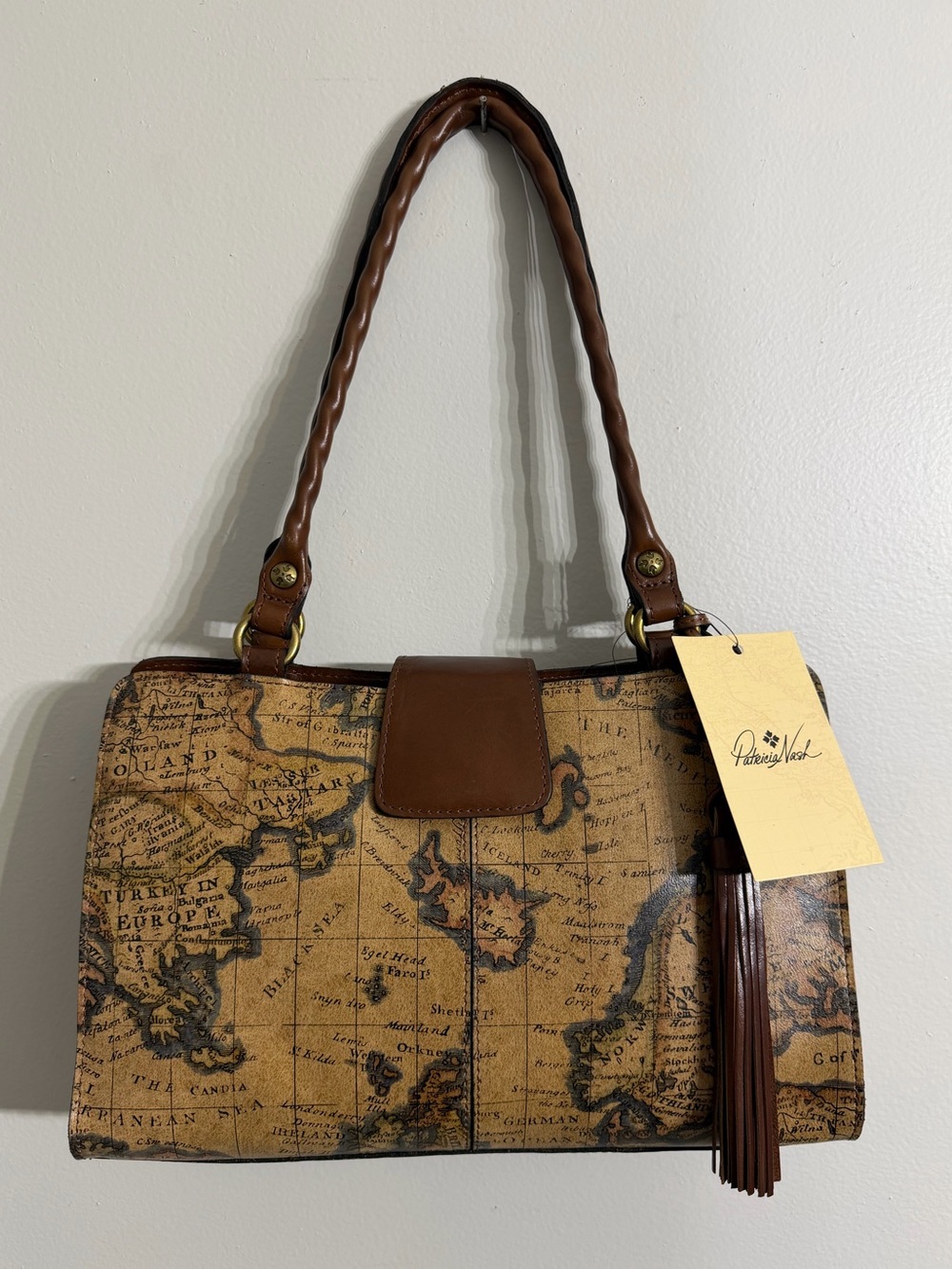NWT Patricia Nash Rienzo Satchel Bag Vintage European Map Leather Purse
